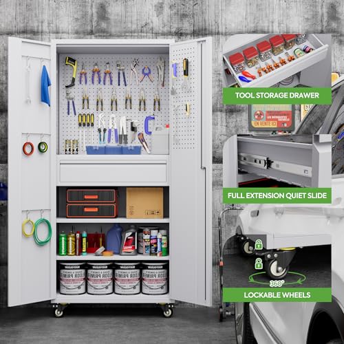Reemoon 71" H Metal Garage Storage Cabinet with Wheels and Doors,Rolling Tool Cabinet with Pegboard,Rod and Drawer for Garage Warehouse Home,Required Assembly,White