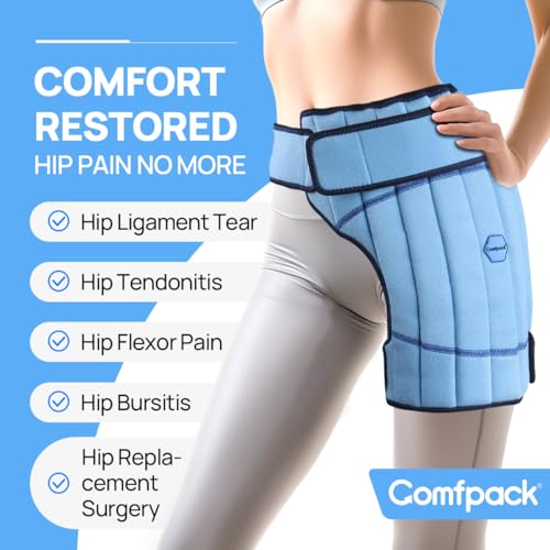 Comfpack Hip Ice Pack Wrap After Surgery with 2 Hours Long Lasting Cold, Flexible & Evenly Cooling Hip Ice Pack, Comfortable Ice Pack for Hip Replacement Surgery, Sciatica, Bursitis