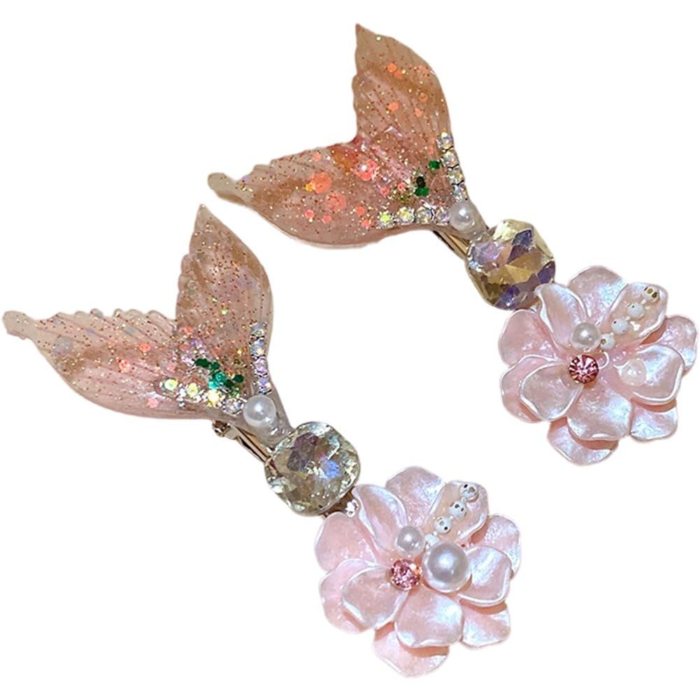 Danlai 2 Pcs Fish Tail Flower Hair Clips, Shiny Duckbill Sweet Bang Clip for Wedding Beach Party and Fashion Hair Styling