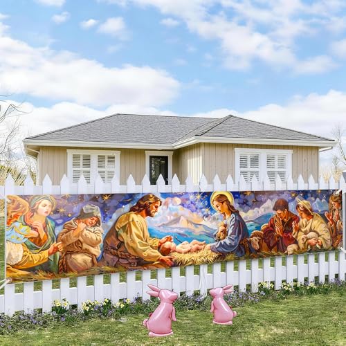 Image of Peaceful Winter Village Banner 78.7 x 17.7 Inch Family Scene in Snowy Landscape Cozy Cabin Design for Holiday Home Garden Fence or Indoor Wall Display Seasonal Decoration