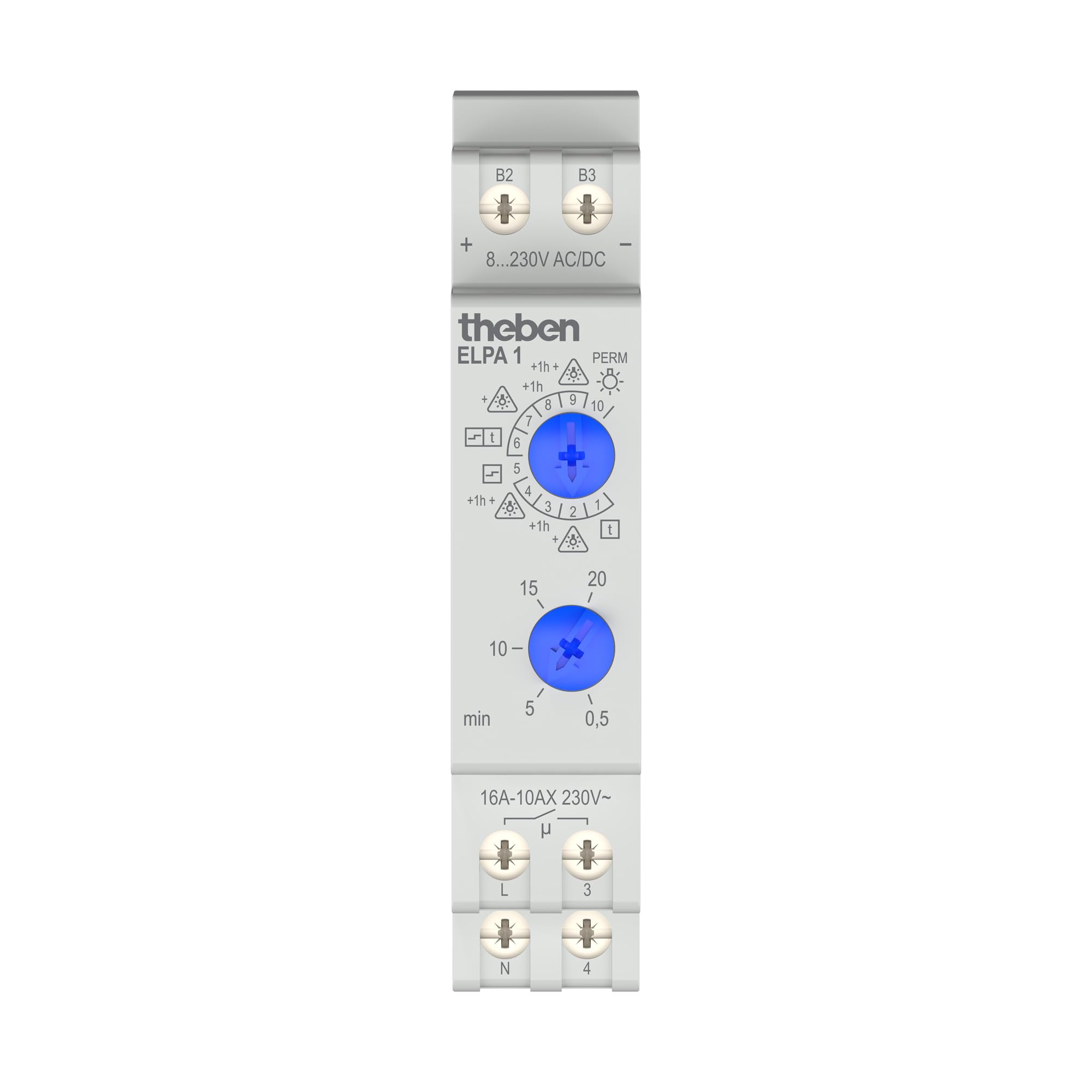 Theben 0010002 ELPA 1 temporizzatore luci scale elettronico guida DIN | 0,5 - 20 min, 600 W LED, 10 funzioni, preavviso di spegnimento, multitensione, riattivabile subito, spegnimento anticipato