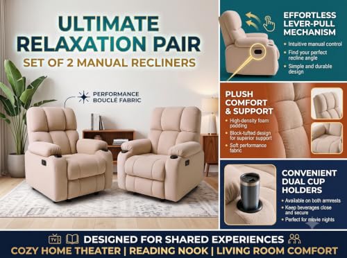 Image of Cable Crafts Cozy Fabric Recliner with Cup Holders for Living Room Comfortable Single Seater Reclining Chair