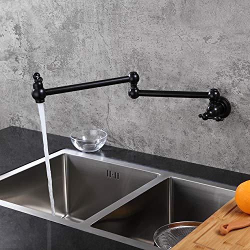 KunMai Traditional Wall Mounted Retractable 2-Handle Cold Only Pot Filler Faucet with Dual Swing Joints Chrome/Antique Black (Antique Black)