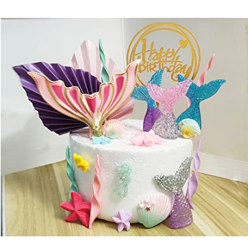 Mermaid Cake Topper Big Mermaid Tails Seaweed Starfishes Shells And Palm Leaves Cake Set For Mermaid Under The Sea Cake Decor #TOP24