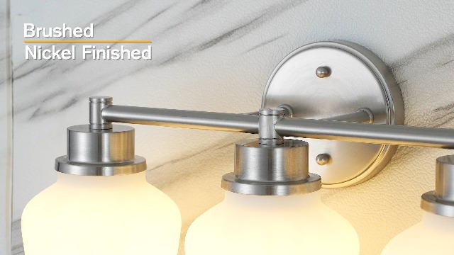 Image of Emak Brushed Nickel Bathroom Light Fixtures, 2-Light Bathroom Vanity Light with Milk Glass Shade, Modern Vanity Lights for Bathroom, Mirror, VL122-BN-ML-2