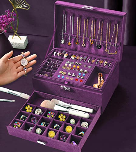 Qbestry Women Jewelry Organizer Box Purple Velvet Jewelry Box For Necklace And Earring Rings Bracelets Bangle Jewelry Box Organizer For Women Ladies Jewelry Display Storage Box Case With Lock Key #TOP4