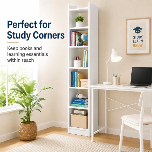 Image of FURLAY SlimTower 180 cm Tall Bookshelf, White 6-Tier Slim Open Shelf Organizer, Space Saving Book Rack for Bedroom, Study Room, Living Room, Office, Kids Room & Decor Storage (FWBS7L-White)
