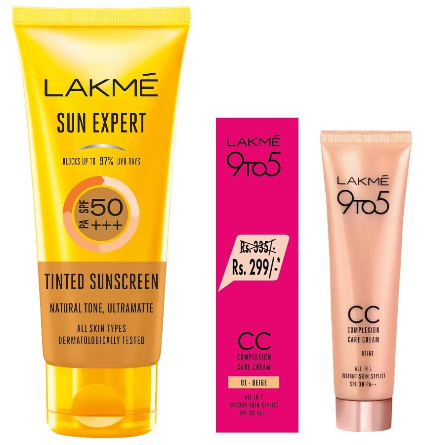Image of LAKME Sun Expert Tinted Sunscreen 50 Spf, 100 G & Lakme 9 To 5 Complexion Care Face Cc Cream for All Skin Type, Beige, Spf 30, Conceals Dark Spots & Blemishes, 30 G