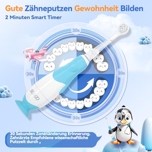 Seago Elektrische Zahnbürste Kinder Baby Zahnbürste ab 0 1 2 3 Jahr, mit LED Licht, Runder Weich Ersatzbürsten, Elektrische Zahnbürste Baby,2 Minuten Smart Timer, Wasserdicht IPX7,SG513(Blau) – Bild 6