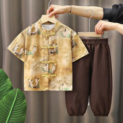 Kids Boys Chinese Tang Pants Outfits Short Sleeve Buckle Shirts Solid Color Pants Toddler Boys Stylish Clothes Set4
