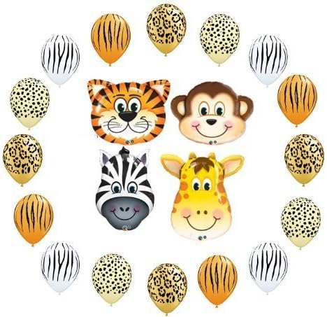 Safari Jungle Zoo Animals Jumbo Balloons Zebra, Tiger, Giraffe & Monkey 16pcs by Qualatex