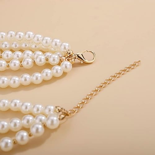 Miniatura 5 de Aimimier Conjunto de gargantilla de perlas sintéticas multicapa de los años 20 con pendientes, Perla, aleación