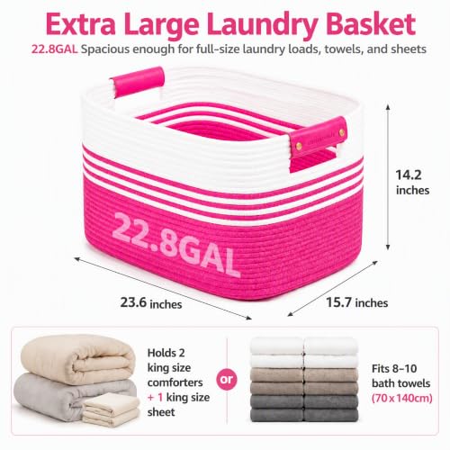 Image of 22.8GAL Extra Large Collapsible Laundry Basket for Dirty Clothes,Shoes, Sturdy Portable Aesthetic Boho Heavy Duty Wicker Hamper for Living Room Thow Pillows Blankets Storage Organizer,Hot Pink