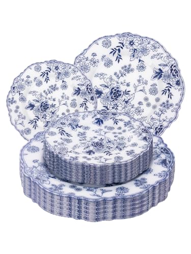 WDF 20PCS Blue and White Plates - Chinoiserie Blue Floral Plates - Baroque Floral Party Decor for Wedding Bridal/Birthdays/Tea Party