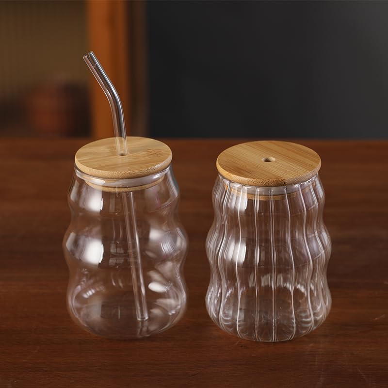 2 Pcs Ribbed Glass Cups, 18 Oz Vintage Drinking Glassware with Wave Shape Design, Bubble Cups for Iced Coffee, Juice, Beverage, Milk, Cocktails, Bubble Tea, and More - Image 2