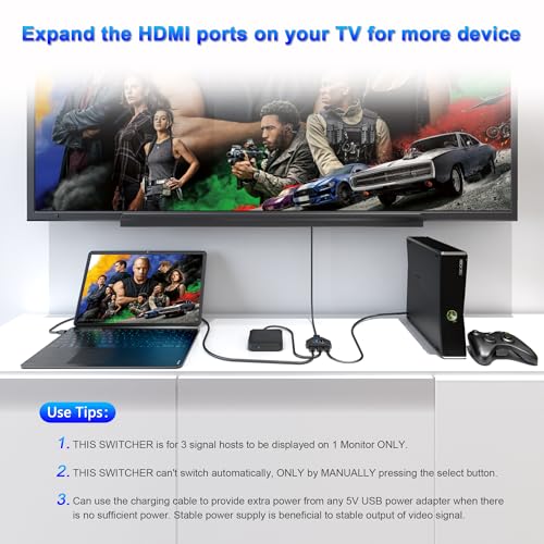 HDMI Switch 3 in 1 Out, 4K@60hz HDMI Splitter, 3 Way HDMI Switcher Supports Full HDCP2.2 1080P 3D Compatible with Roku Fire TV Stick HDTV PS4/PS5 Xbox One Chromecast, Compatible with Mac/Win/Linux - Thumbnail 6
