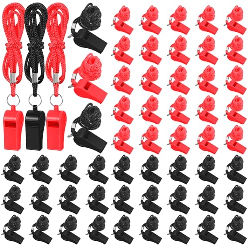 Sifflet de survie lot de 100 sifflets en plastique rouge et noir avec lanière pour camping