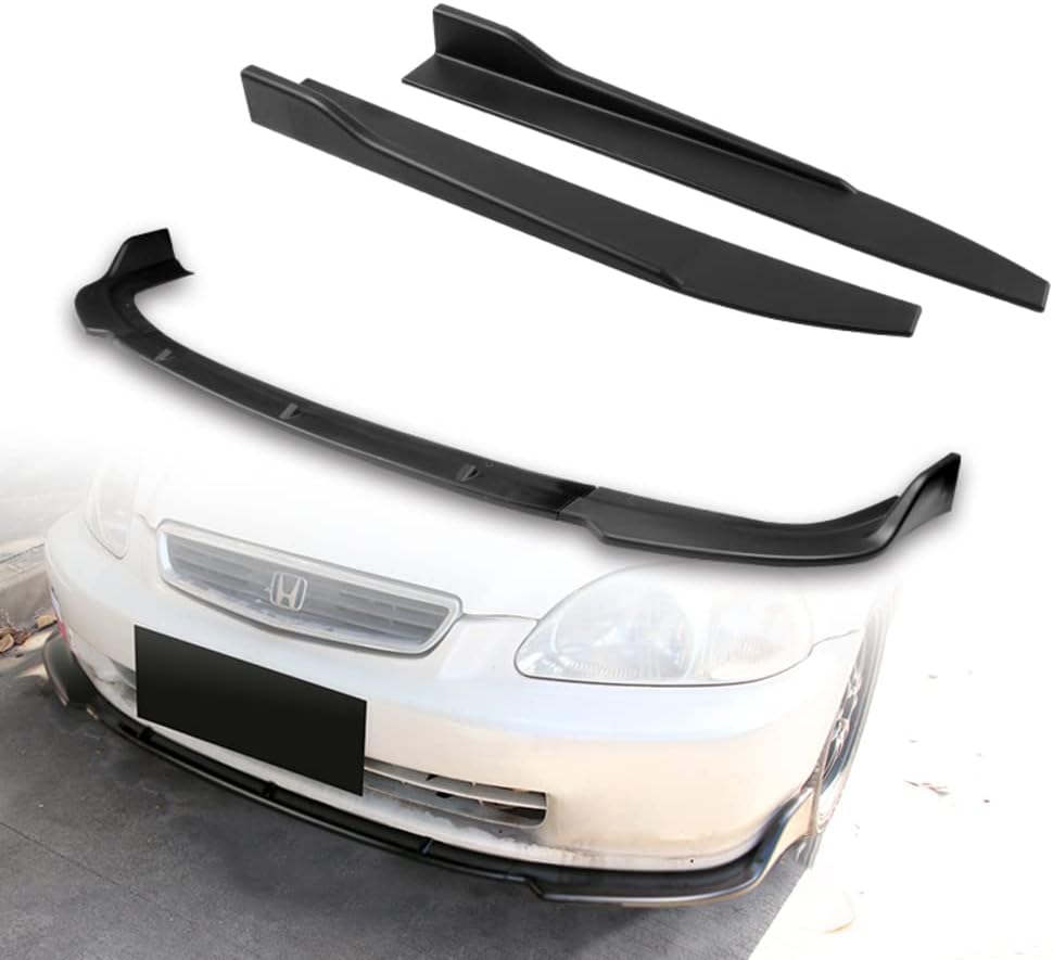 Q1-TECH, 5-Piece Front Bumper Lip + Side Skirt Rocker Winglet Canard Diffuser Wing Compatible with 1996 1997 1998 Honda Civic, Front Lip Spoiler Body Kit Splitter ABS (Matt Black)