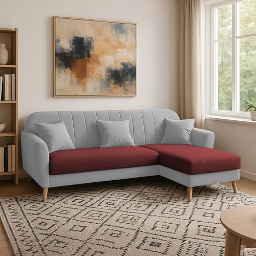 Image of Atticus RHS 4 Seater L Shape Sofa Set for Living Room (Maroon Grey Fabric) Premium Fabric Sofa Set