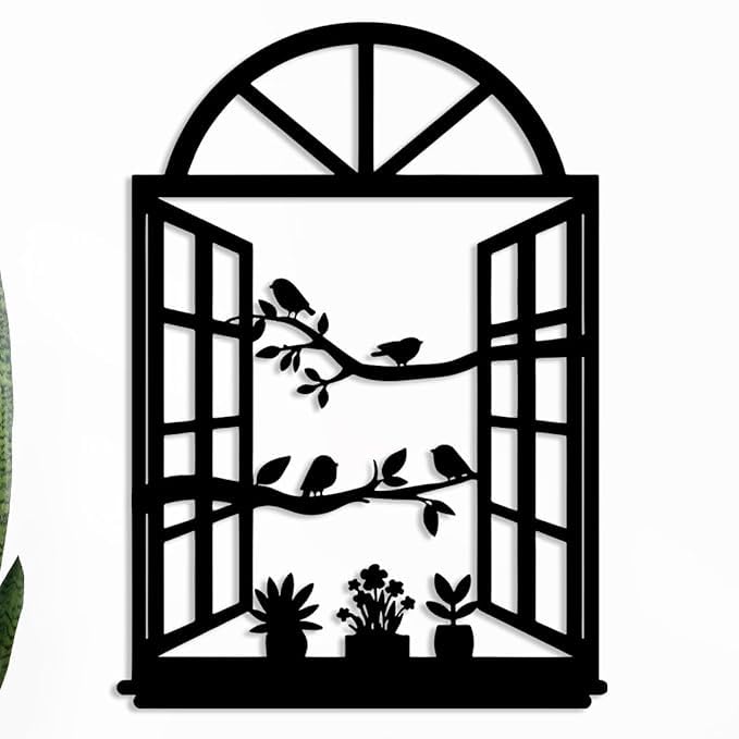 Image of KIING Decorative Window Metal Wall Art with Birds and Plants Design, Black