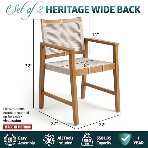 Image of Heritage Woven Rope Eucalyptus Wood Armchair, Set of 2 Oversized Wide Backrest for Enhanced Comfort - Handcrafted Outdoor Patio Dining Chairs, Solid Eucalyptus Boho Seating for Deck, Porch & Backyard