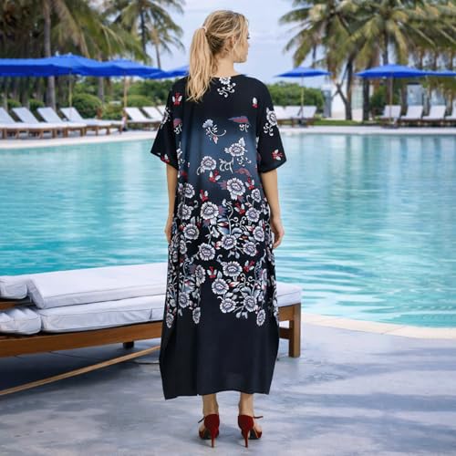 Image of Miss Lavish London Women's Black Floral Kaftan Dress with Pockets, V Neck Maxi Caftan Beach Cover Up, Short Sleeve Resort Wear Dress, Plus Size Swimsuit Coverup, Caftan Maxi Beach Dress-Black-3XL
