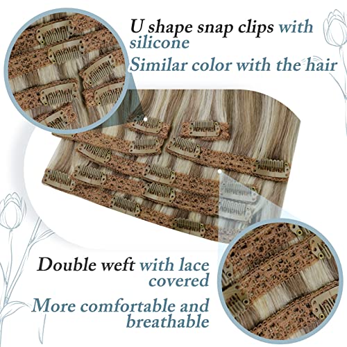 RUNATURE Human Hair Extensions Ash Brown Highlight Blonde Clip in Hair Extensions Real Human Hair Blonde 10 Inch 80 Gram 7pcs - Image 4