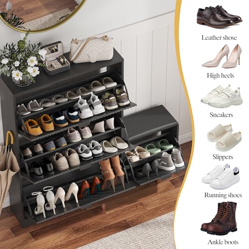 Image of HUANLEGO Shoe Cabinet Storage for Entryway with 4 Flip Drawers, Black Fluted Shoe Cabinet with Bench, Wooden Hidden Shoe Rack Freestanding Narrow Slim Shoes Storage Organizer for Hallway, Entrance