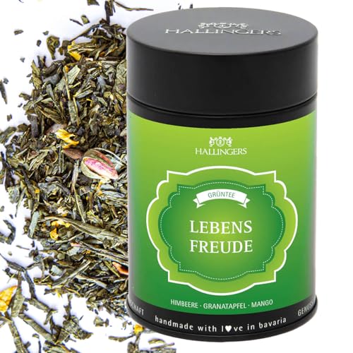 Hallingers Genuss Manufaktur Tee Geschenk - Loser Grün-Tee mit Himbeere, Granatapfel & Mango, edle Geschenkdose Lebensfreude, Geschenkidee für Frauen & Teeliebhaber
