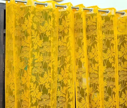 Image of Honger Semi Sheer Transparent Floral Design Heavy Tissue Net 4 x 5 Feet Window Curtains Pack of 2 Pecs Yellow Sheer Net for Home Living Room Curtains