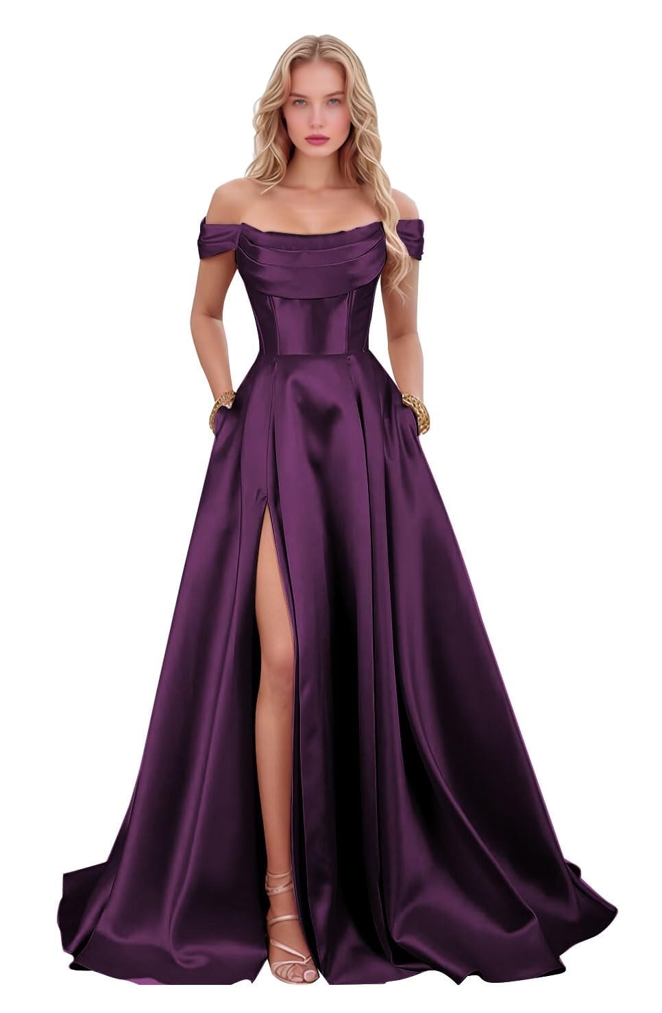 Off spalla raso Prom abiti con fessura senza spalline una linea corsetto abiti da ballo lunghi abiti da sera formale con tasche