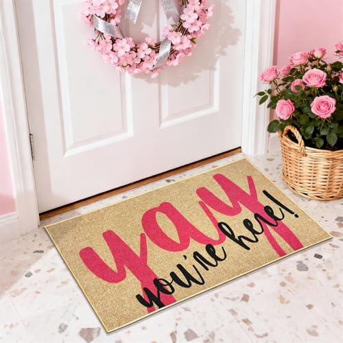 Welcome Mat Yay You're Here Rug Funny Door Mat Cute Pink Outside Doormat
