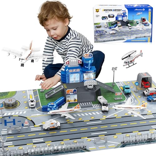 Jogo de brinquedos de avião com camiões, helicóptero, aviões, cartazes e tapete de jogo de aeroporto, brinquedos interativos de aprendizagem precoce para meninos e meninas, ótimo presente de