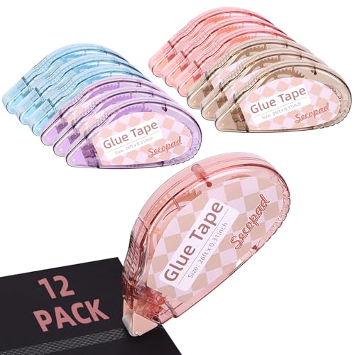 Image of Secopad Scrapbook Tape, 12 Pack Double Sided Tape Roller for Crafts, Adhesive Glue Runner Scrapbooking Supplies Journaling School Office Teacher Supplies, 0.3IN x 26FT, Clear Light-Colored Shell