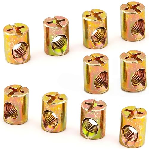 M6 Barrel Nut 10 x 13mm Cross Dowels Slotted Nuts Spring Loaded Crib Parts Replacements for Furniture Bed Crib and Chairs (Golden,10 Pcs)