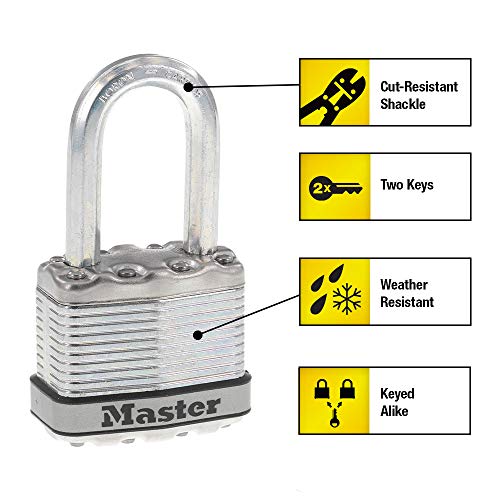 Master Lock Silver Magnum Outdoor Padlock with Key, Keyed Alike Gate Locks for Outdoor Fence or Shed with Long Shackle, 4 Pack, M1XQLFCCSEN by Master Lock - Used condition - Image 7