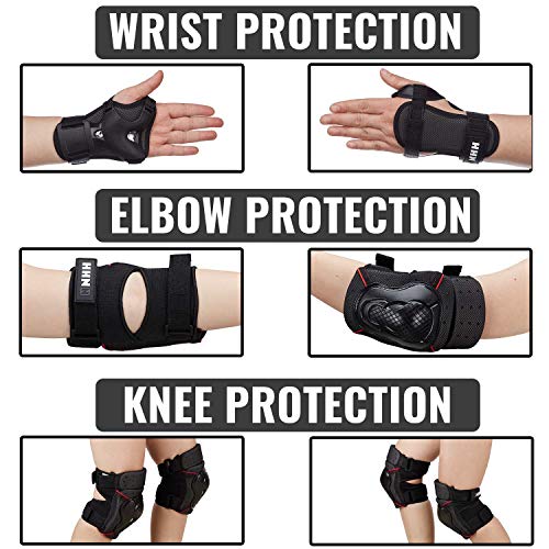 NHH Skateboard Knee Pads Elbow Pads and Wrist Guards - 6 in 1 Protective Gear Set for Kids Youth Adults Bicycling Cycling Bike Skateboard Inline Skate and Scooter (Black, L)