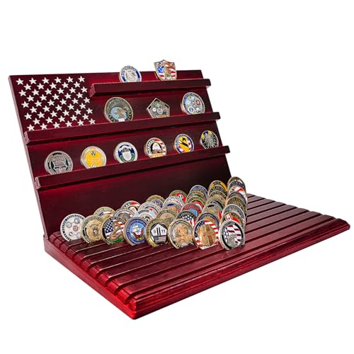 Challenge Coin Display Stand, 13-Row Solid Wood Military Coin Holder with Sloped Base, Holds 80-110 Coins, Coin Holders for Collectors