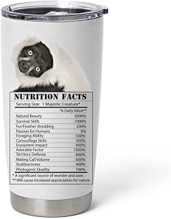 Funny Black-And-White Ruffed Lemur Nutrition Facts Tumbler 20 oz - Curved Insulated Travel Cup with Peeking Face Design Gifts for Lemur Lovers