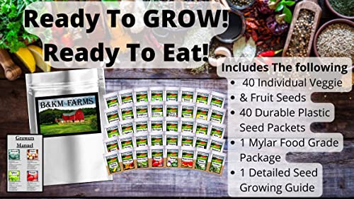 40 Vegetable & Fruit Seeds For Planting Your Outdoor & Indoor Home Seed Garden, Survival Gear Kit Includes 43,600 Seeds A Growing Guide & Mylar Package Gardening Heirloom Non-Gmo Veggie Seed B&Km Farm #TOP1