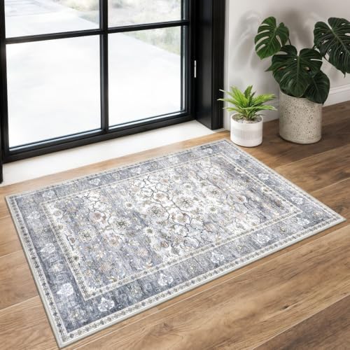 KUTA Vintage 2x3 Entryway Rug, Washable Small Area Rug Grey Blue