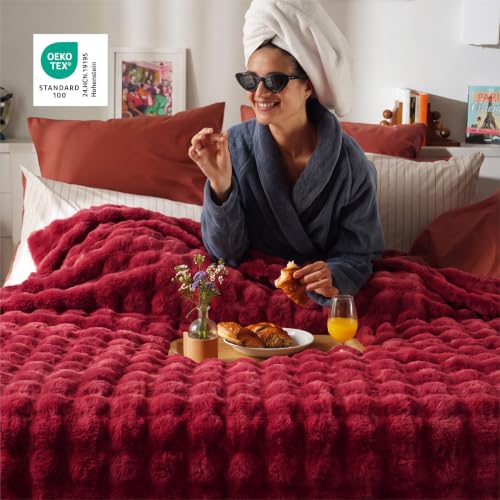 Image of Bedsure Fluffy Bubble Faux Fur Queen Blanket, 90 inchx90 inch, Red