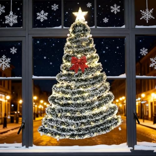 Wall Mounted Christmas Twig Tree with LED Lights, Bow and Star Topper, 10m Christmas Decorative Ribbon, DIY Space-Saving Xmas Decor Ideas for Small Space Home Holiday Decoration