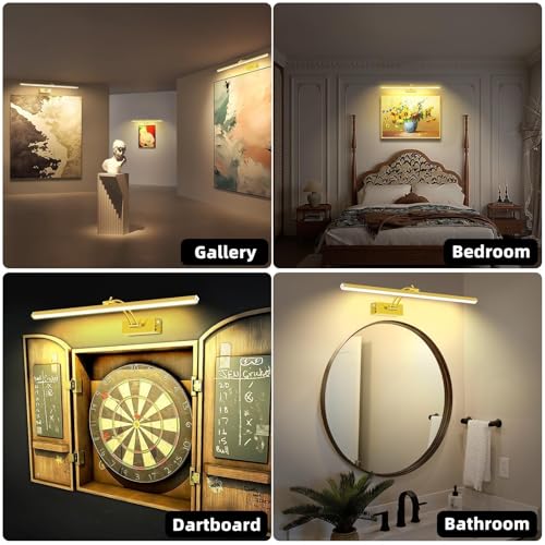 Image of 4 Pack Picture Lights for Wall, 23in Art Lighting for Paintings Cordless, 6400mAh Rechargeable Battery Operated Picture Light with Remote Dimmable and Timer for Artwork, Gallery, Display, Gold