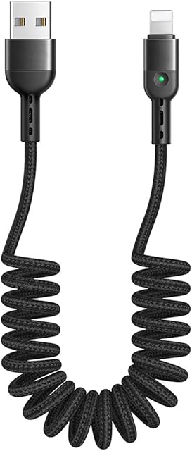 AICase Coiled Cable for Apple Charger with Led Light, Spring Charging Data Transfer Compatible with iOS 10/11/12 iPhone Xs Max/Xr/Xs/X / 8/8 Plus / 7/7 Plus (6FT 1.8M, Black)