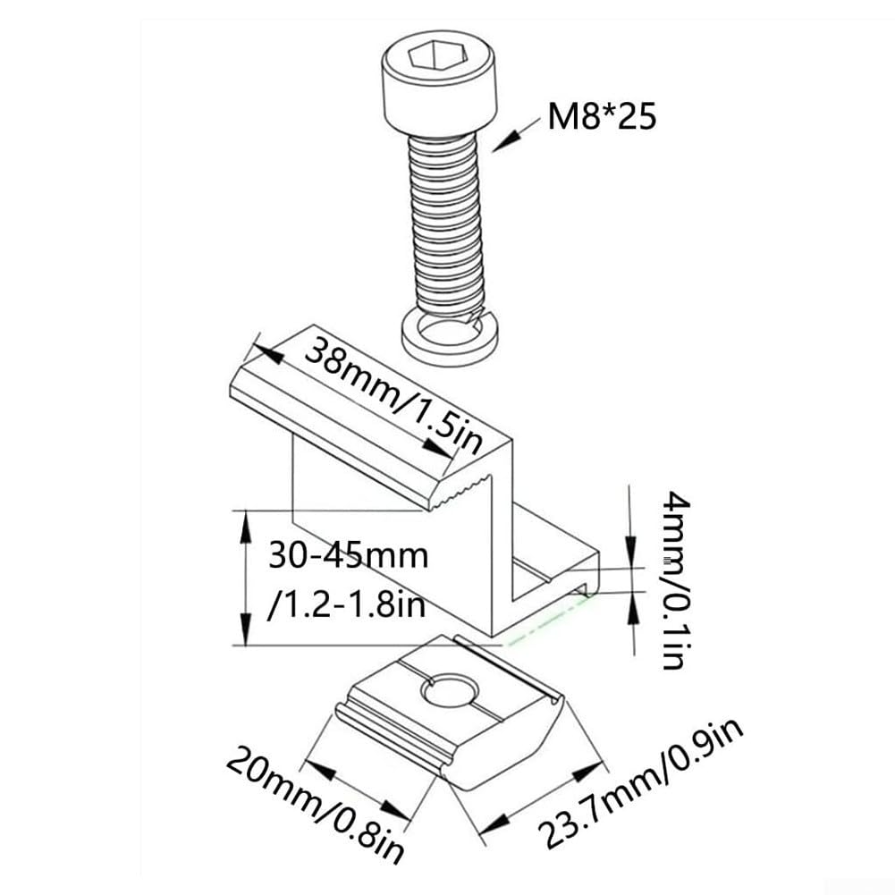 Lot de 8 supports d'extrémité en alliage d'aluminium pour panneaux solaires avec clé à fente M8 (45 mm)