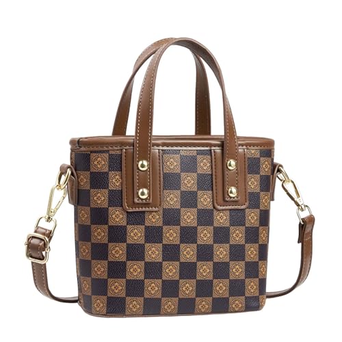 Bolsa Bucket Retrô Feminina - Alça Ajustável para Carregar no Ombro, Cruzado ou Mão (Padrão Xadrez Clássico) ‌ (Cafe)