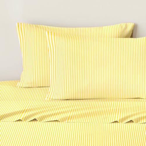Image of Wake In Cloud - Striped Bed Sheets, 4-Piece Sheet Set, Ticking Vertical Pin Stripe Modern Farmhouse Pattern Printed Bedding, Deep Pocket, Yellow, Full Size