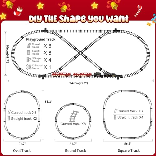Hot Bee Train Set, Christmas Train w/Luxury Tracks, Metal Train Toys - Glowing Passenger Cars, Electric Trains w/Smoke, Sounds & Lights, Christmas Tree Train Gifts for 3 4 5 6 7+ Years Old Boys
