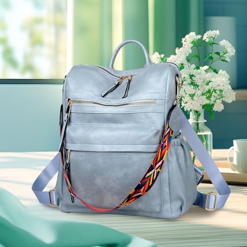 Image of Dora & Liz Women Backpack Purse, Fashion Leather Designer Ladies Rucksack, Convertible Travel Shoulder Bag with Colorful Strap, Blue, Medium